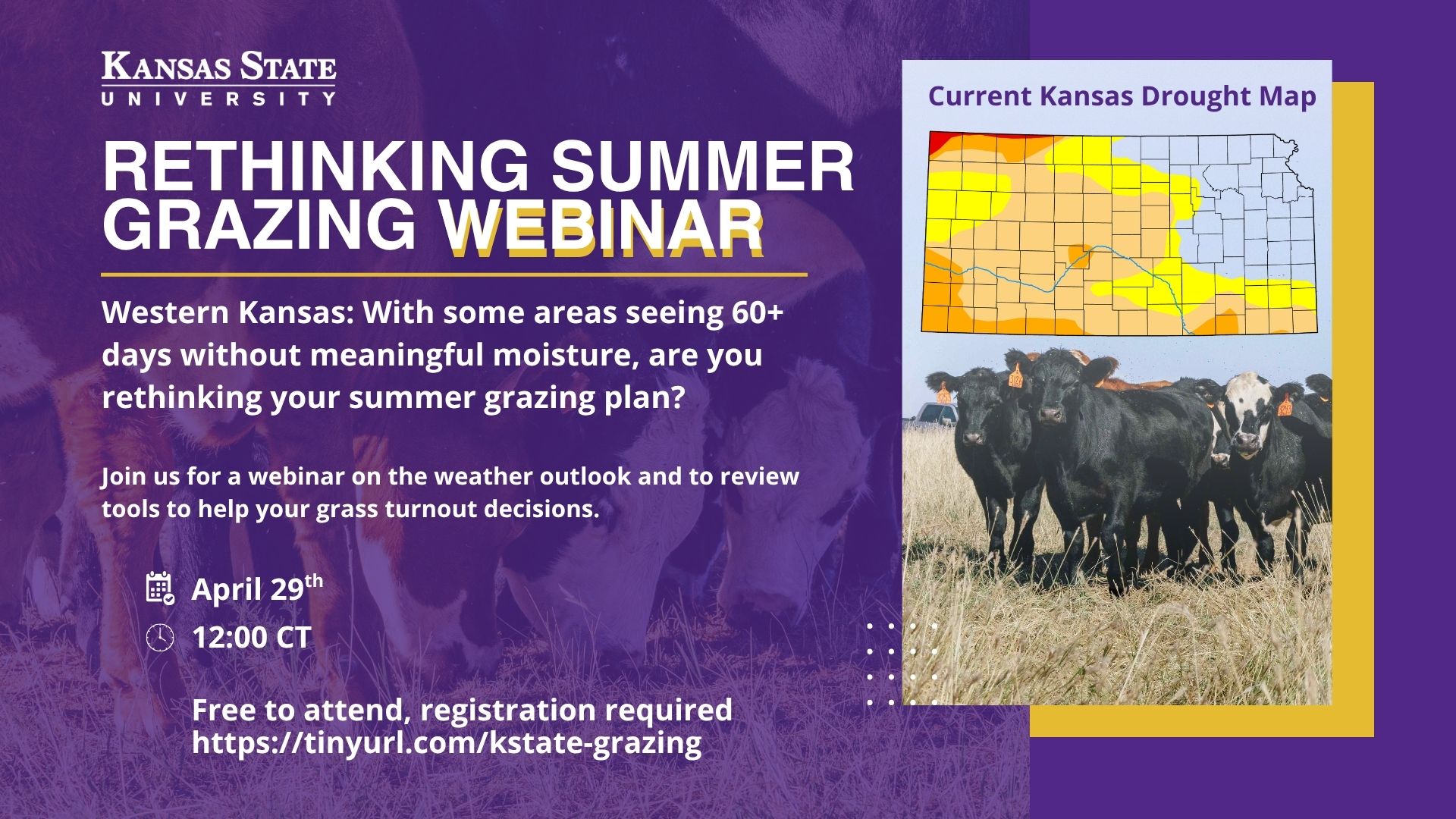 Graphic promoting a Kansas State University webinar titled “Rethinking Summer Grazing,” noting some areas of western Kansas have gone 60+ days without meaningful moisture, with event details for April 29 at noon CT and a photo of cattle grazing.